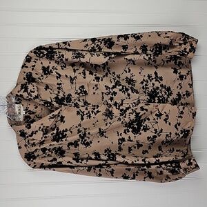Tan Black Floral Button Blouse Size 9/10